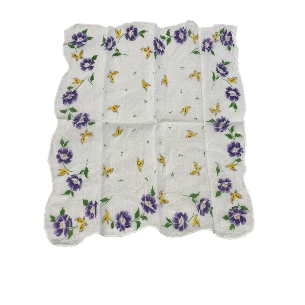 Vintage Spring Purple Floral Butterflies Cotton Handkerchief Hankie  9.5